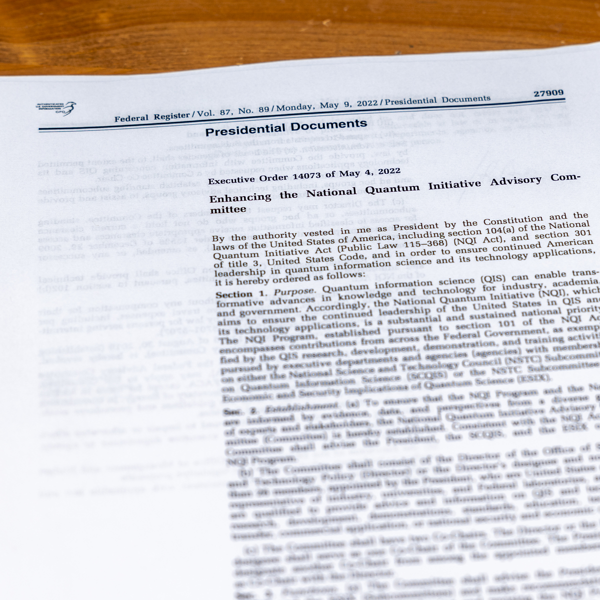 Printed Executive Order on Enhancing the National Quantum Initiative Advisory Committee