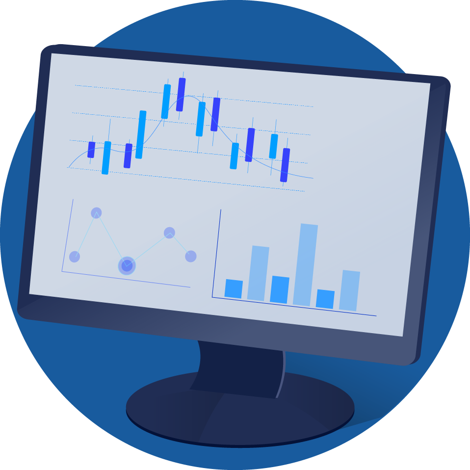 Blue circle with monitor icon showing graphs and figures