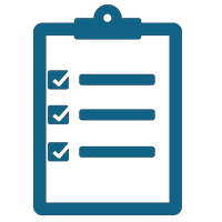 White clipboard with blue outline icon